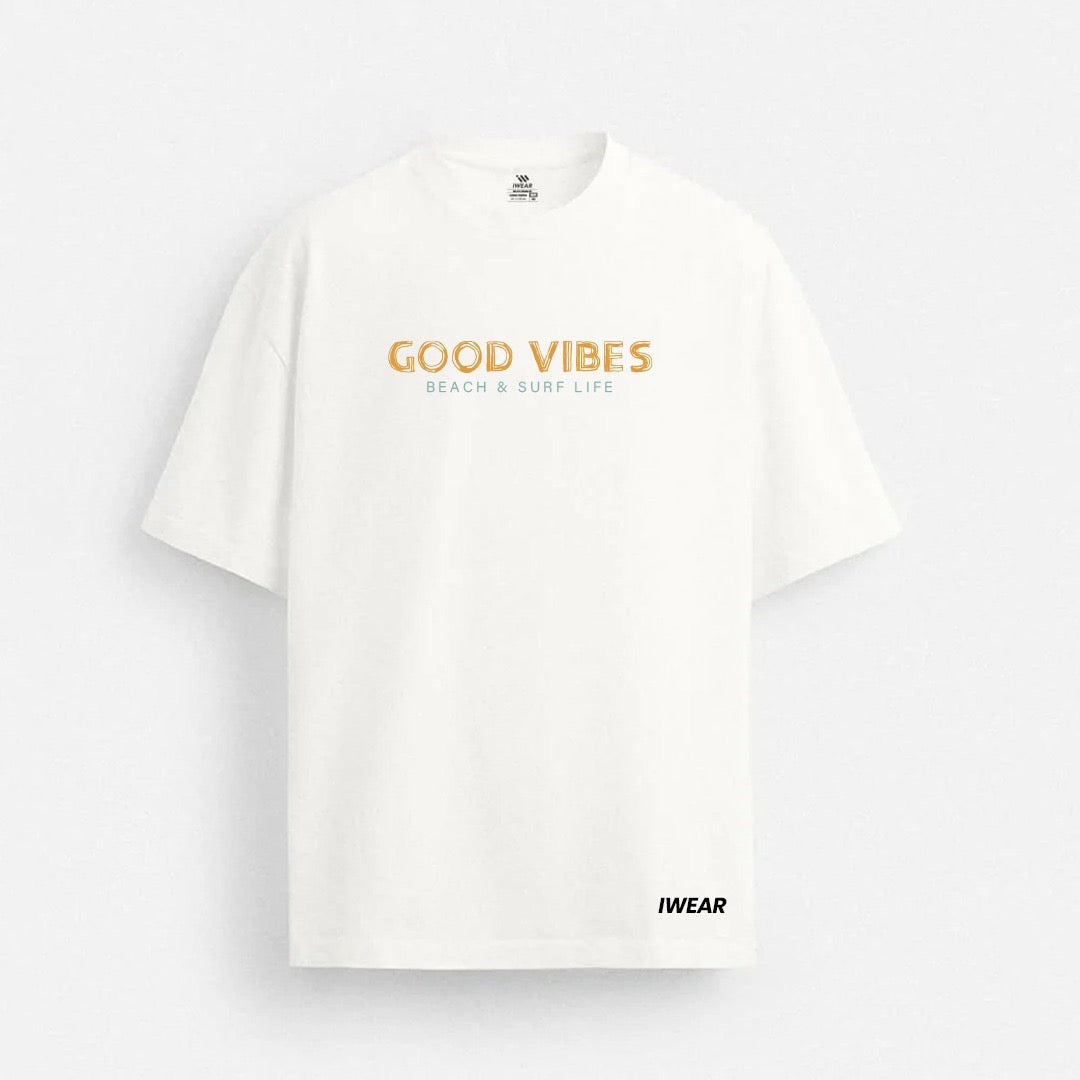 Light gray oversized T-shirt from iWear featuring "Good Vibes" print, relaxed fit, and casual style.