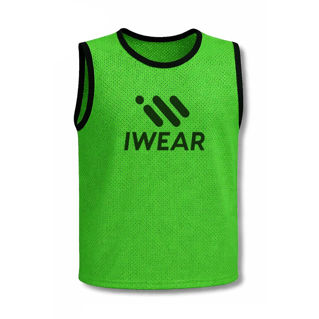 Green iWEAR training bibs with adjustable straps and breathable fabric, designed for sports and athletic training.