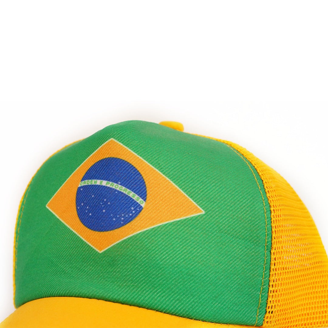 iWEAR Brazil cap with embroidered Brazil flag logo, adjustable strap, and classic baseball style in vibrant colors.