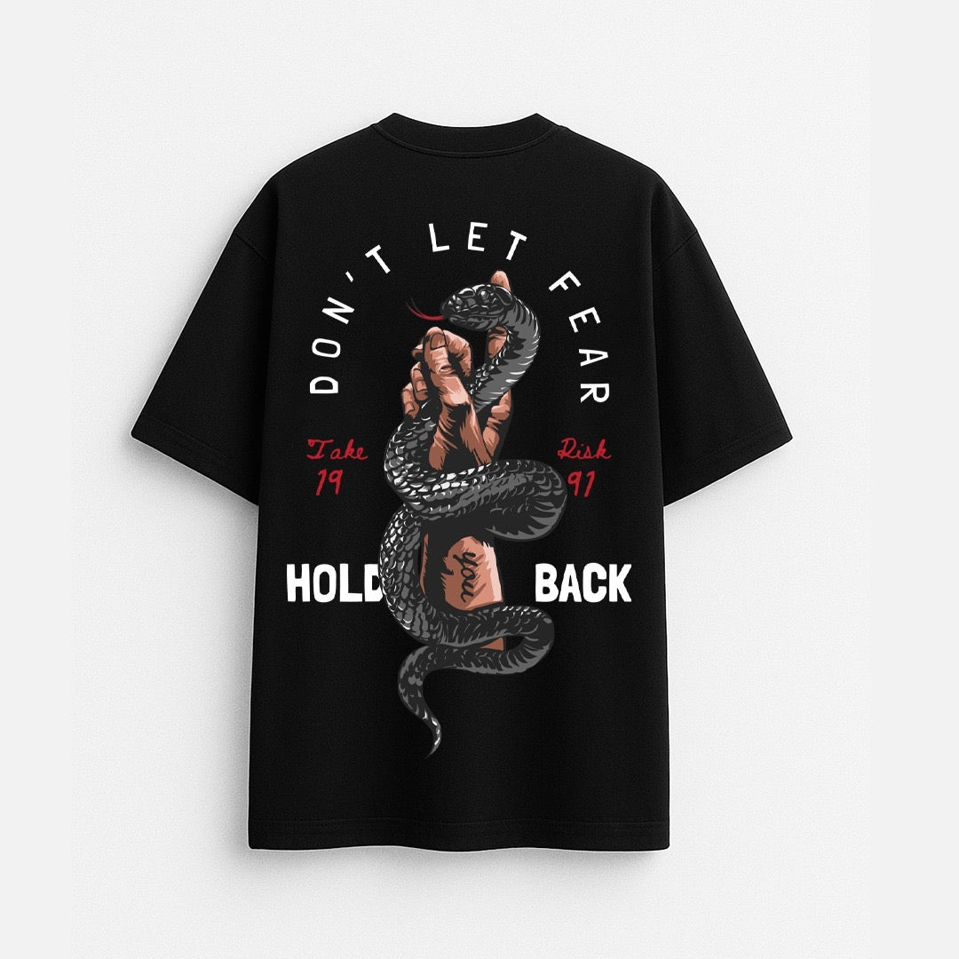 Black drop shoulder T-shirt by theiwear with inspiring "Don't Let Fear Hold Back" quote, casual fit with relaxed style.