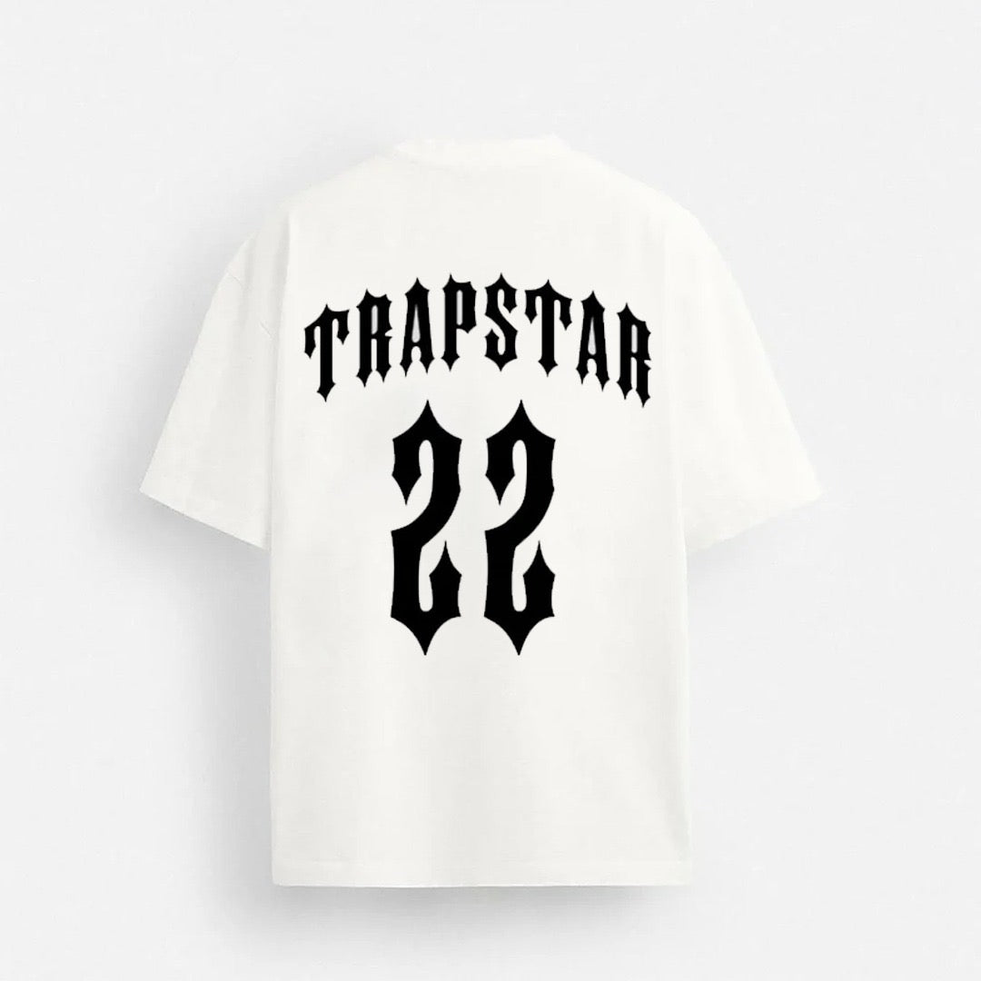 Trapstar 22 drop shoulder tee by theiwear, featuring a relaxed fit and casual style, displayed on a hanger with a plain background.