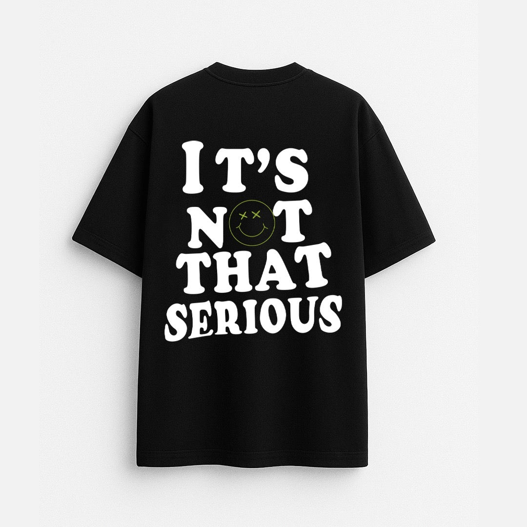 Black drop shoulder T-shirt from the Iwear "It's Not That Serious" collection, featuring casual, relaxed fit and stylish design.