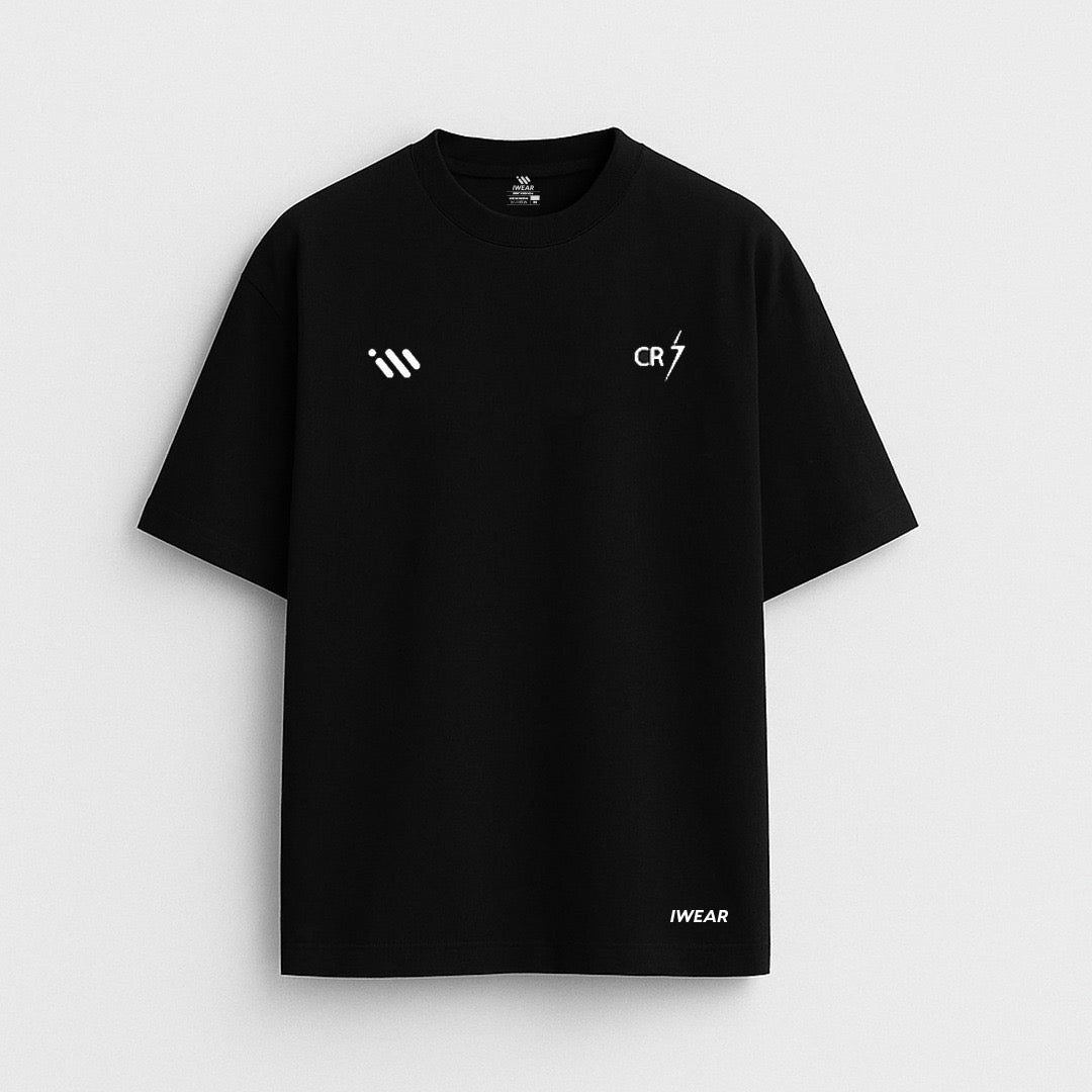 Black CR7 T-shirt by theiwear featuring Cristiano Ronaldo's logo printed on the front.