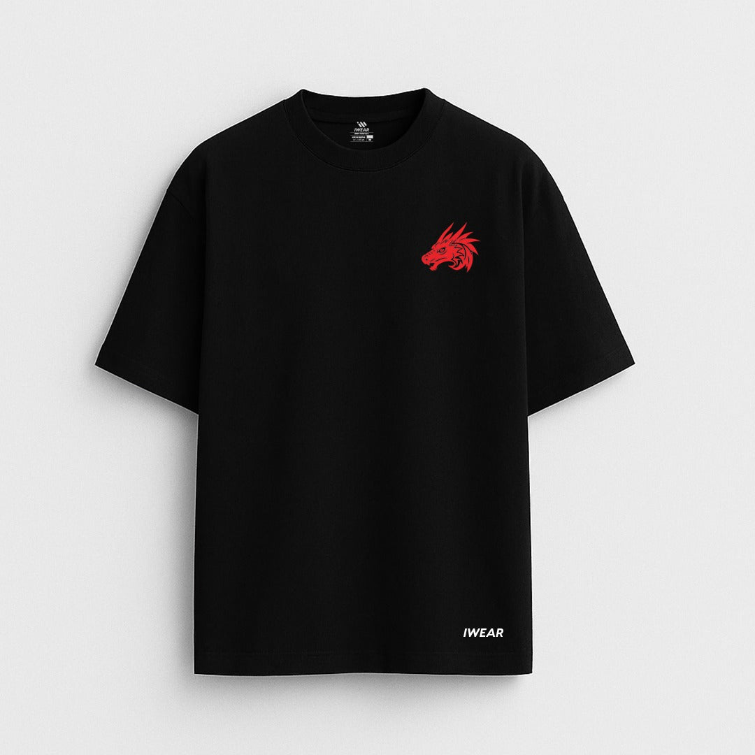 Black drop shoulder t-shirt featuring a detailed dragon graphic design, from the iWear Dragon Sword collection.