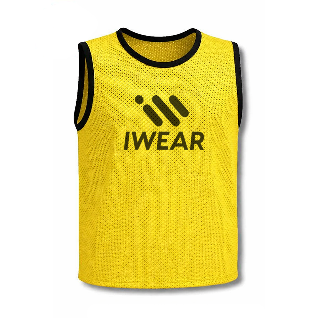Bright yellow iWEAR training bibs for sports or team activities, featuring adjustable straps and lightweight fabric.
