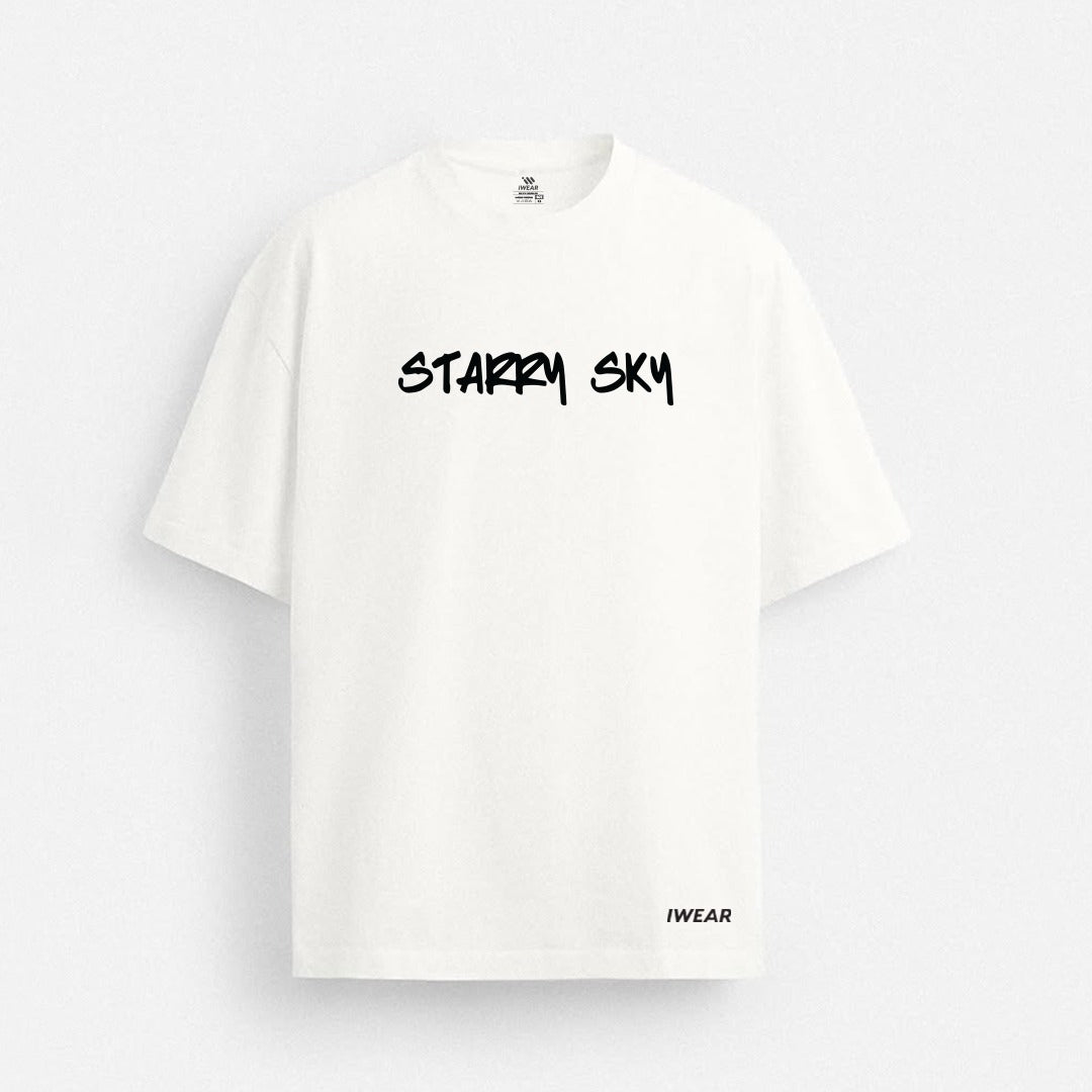 iWear Starry Sky oversized T-shirt featuring a celestial starry sky print on soft fabric.