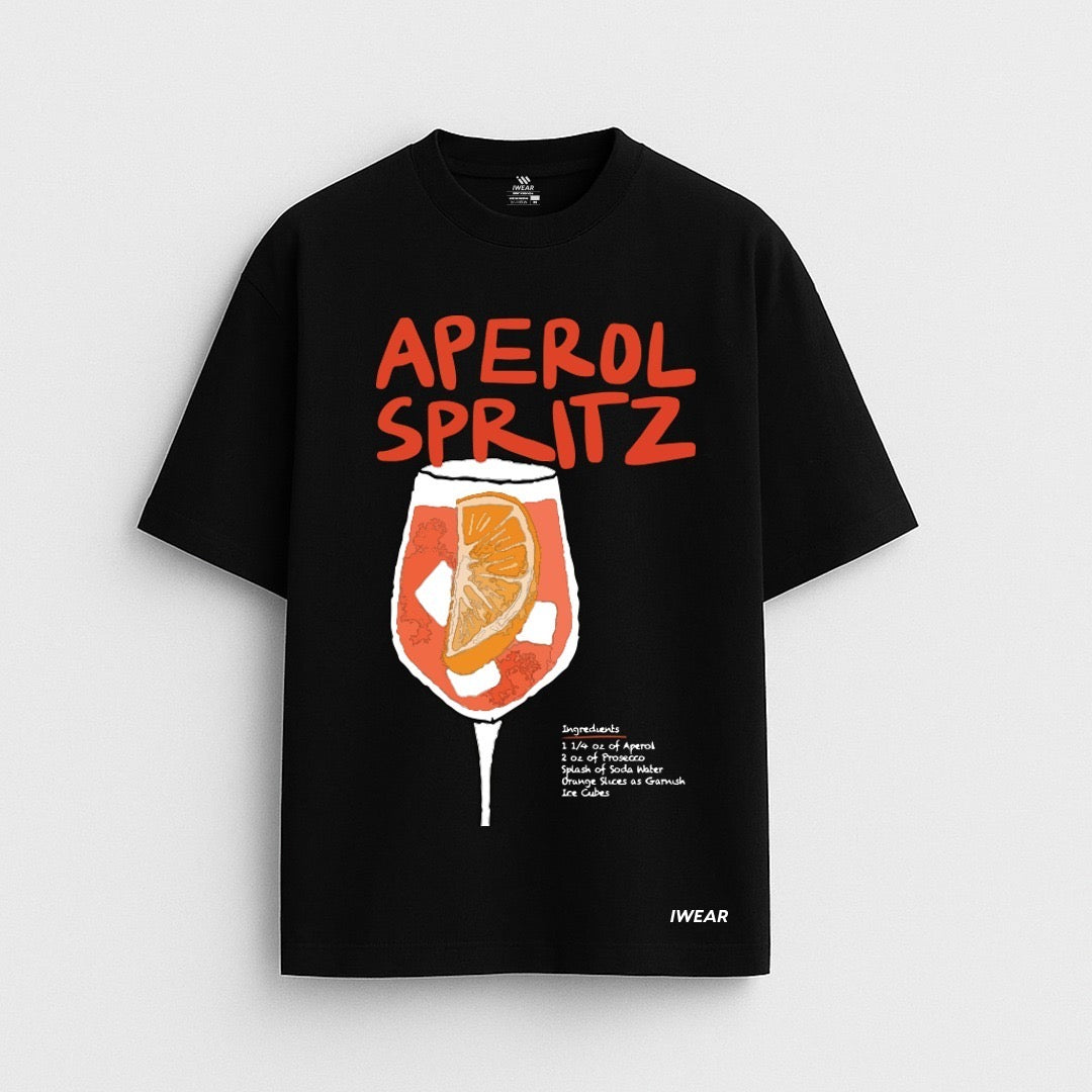 iWear Aperol Spritz oversized T-shirt featuring a colorful graphic design on light fabric.