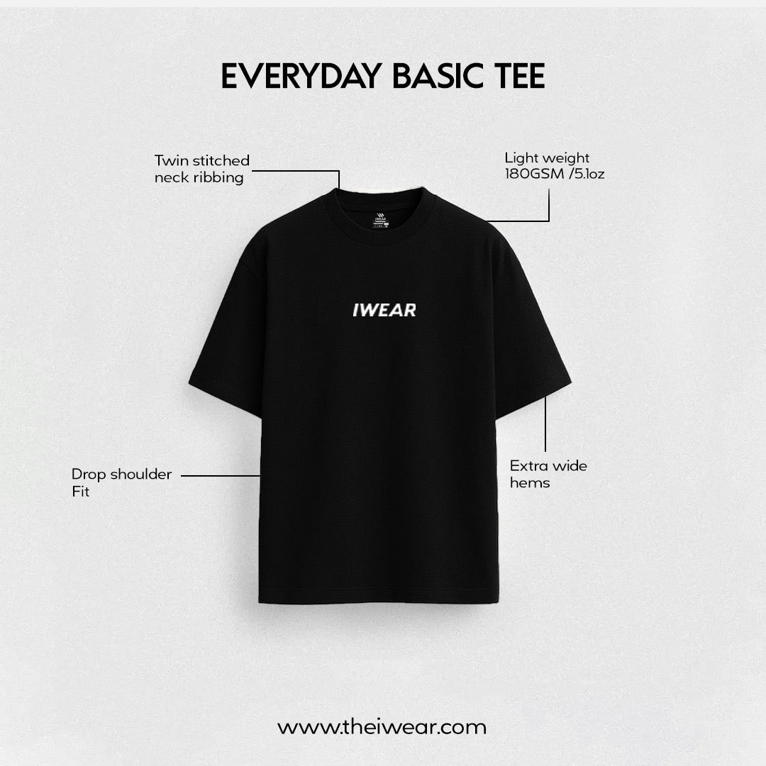 Black iWEAR basic tee shirt laid flat, showcasing its simple crew neck design and soft cotton fabric.