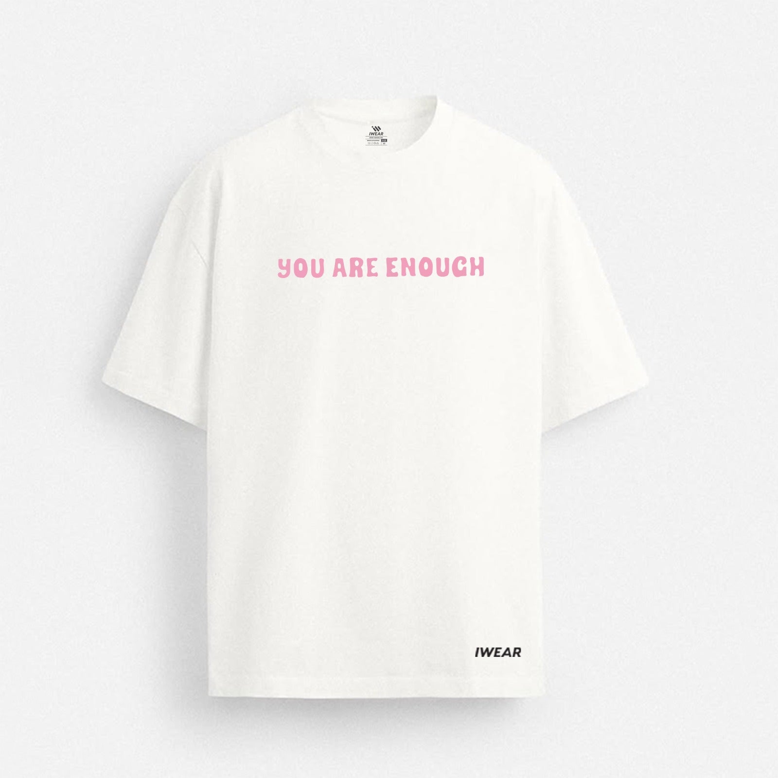 Oversized "You are enough" tee by theiwear featuring a relaxed fit and minimalist design on soft cotton fabric.